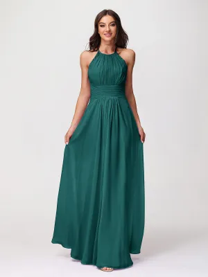 Halter Chiffon Long Gown With Lace Strap Peacock