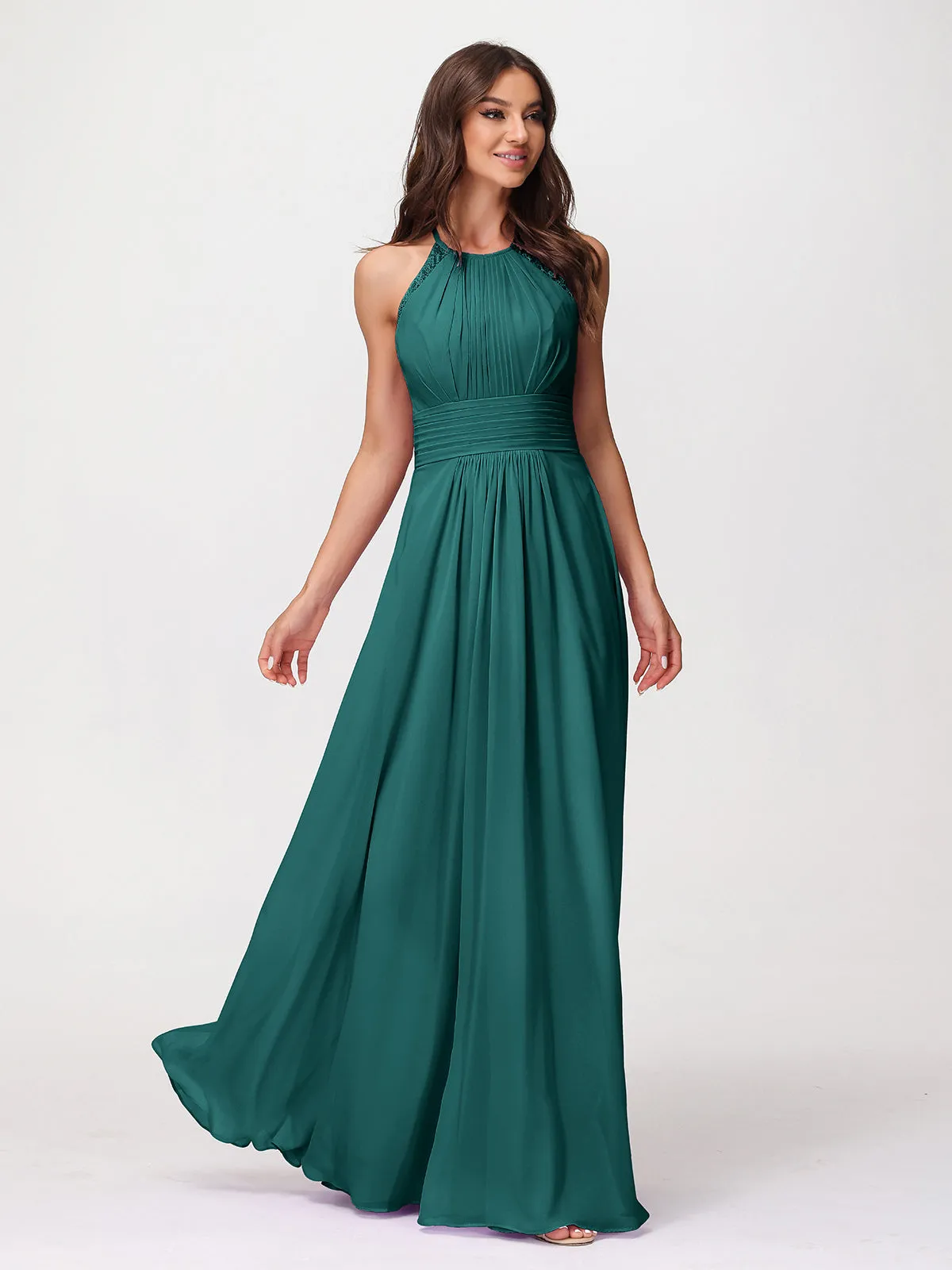 Halter Chiffon Long Gown With Lace Strap Peacock