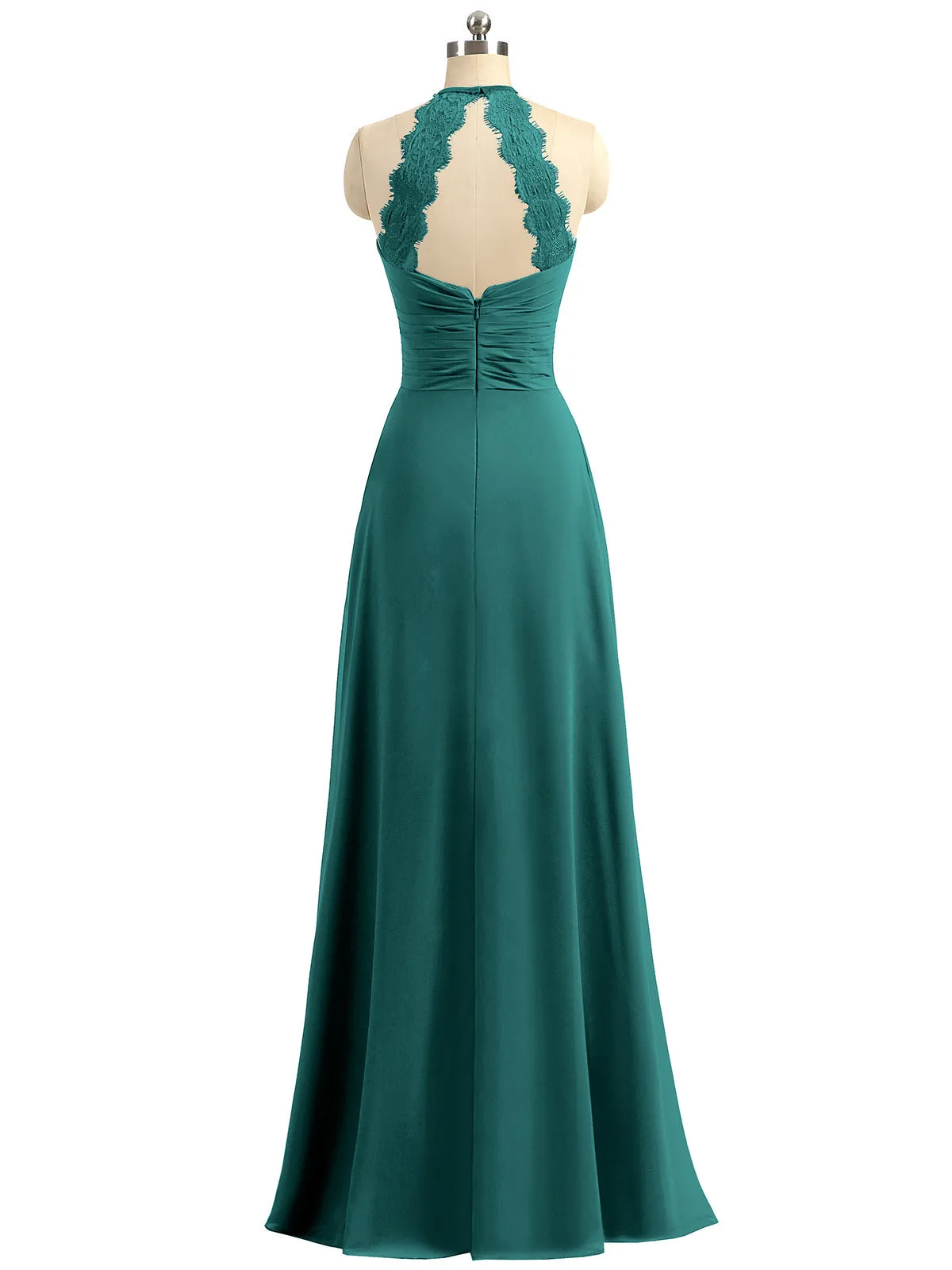 Halter Chiffon Long Gown With Lace Strap Peacock