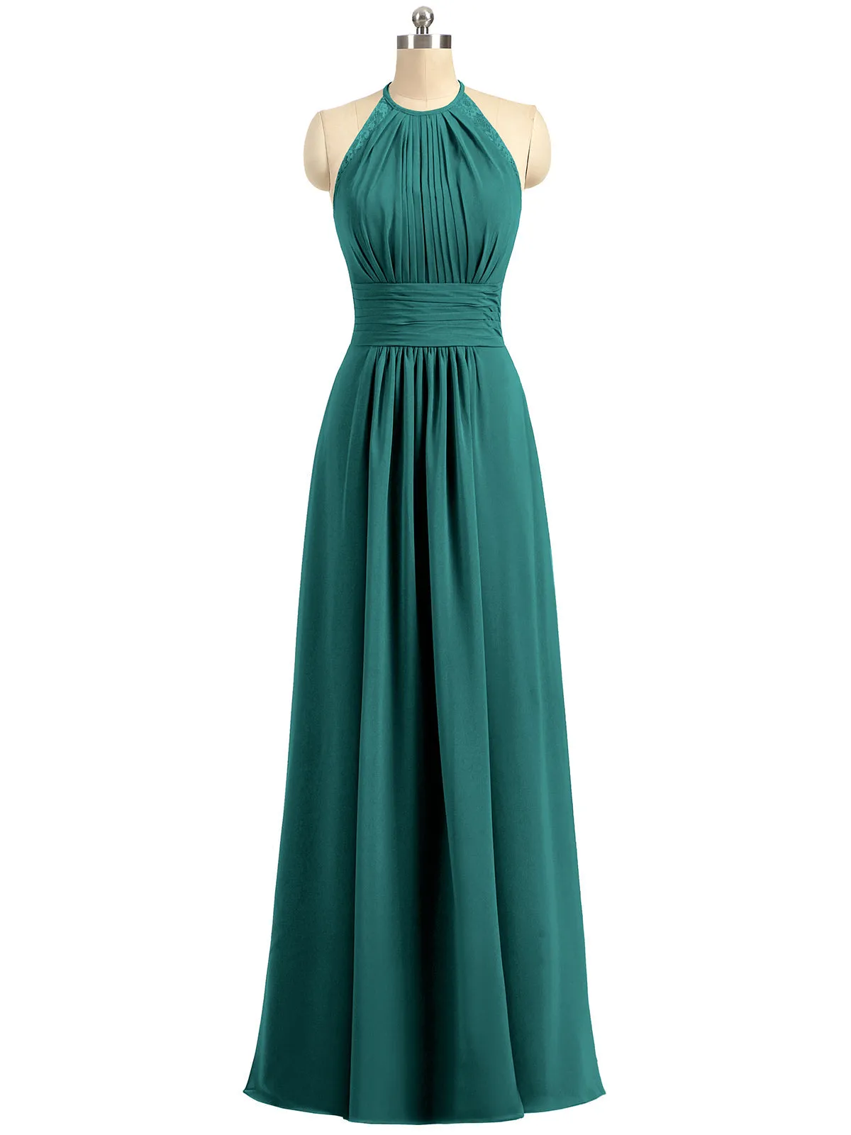 Halter Chiffon Long Gown With Lace Strap Peacock