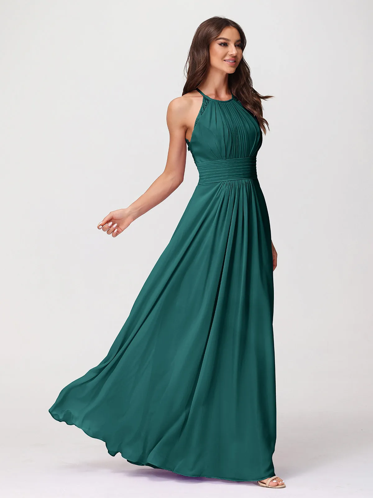 Halter Chiffon Long Gown With Lace Strap Peacock