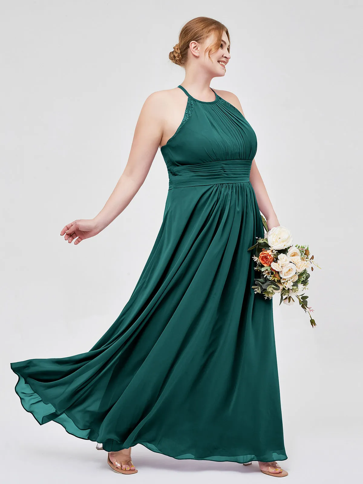 Halter Chiffon Long Gown With Lace Strap Peacock