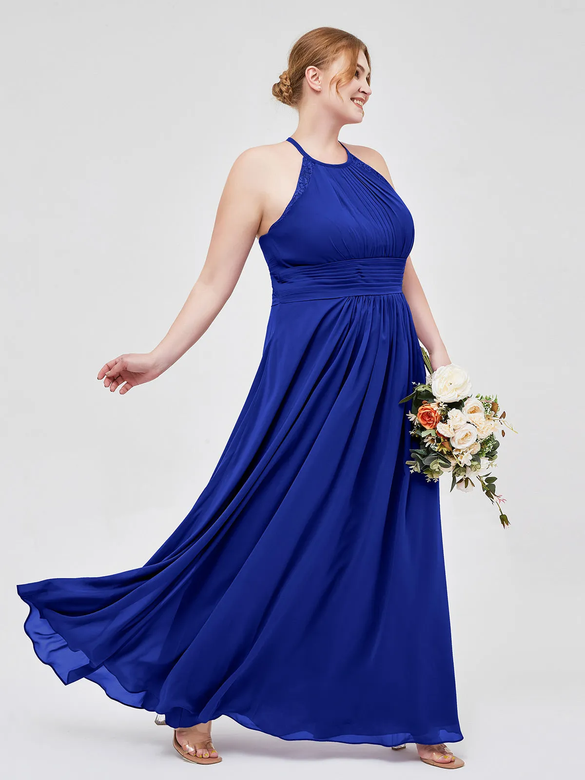 Halter Chiffon Long Gown With Lace Strap Royal Blue