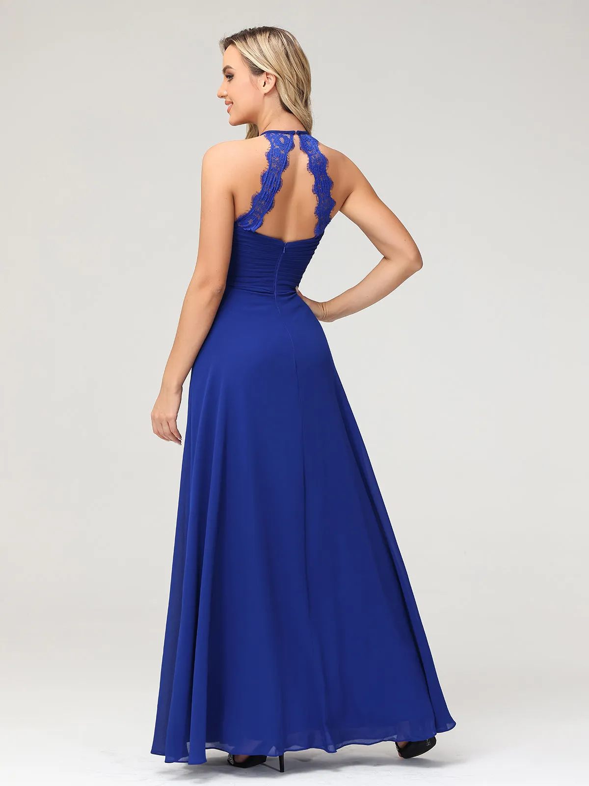 Halter Chiffon Long Gown With Lace Strap Royal Blue