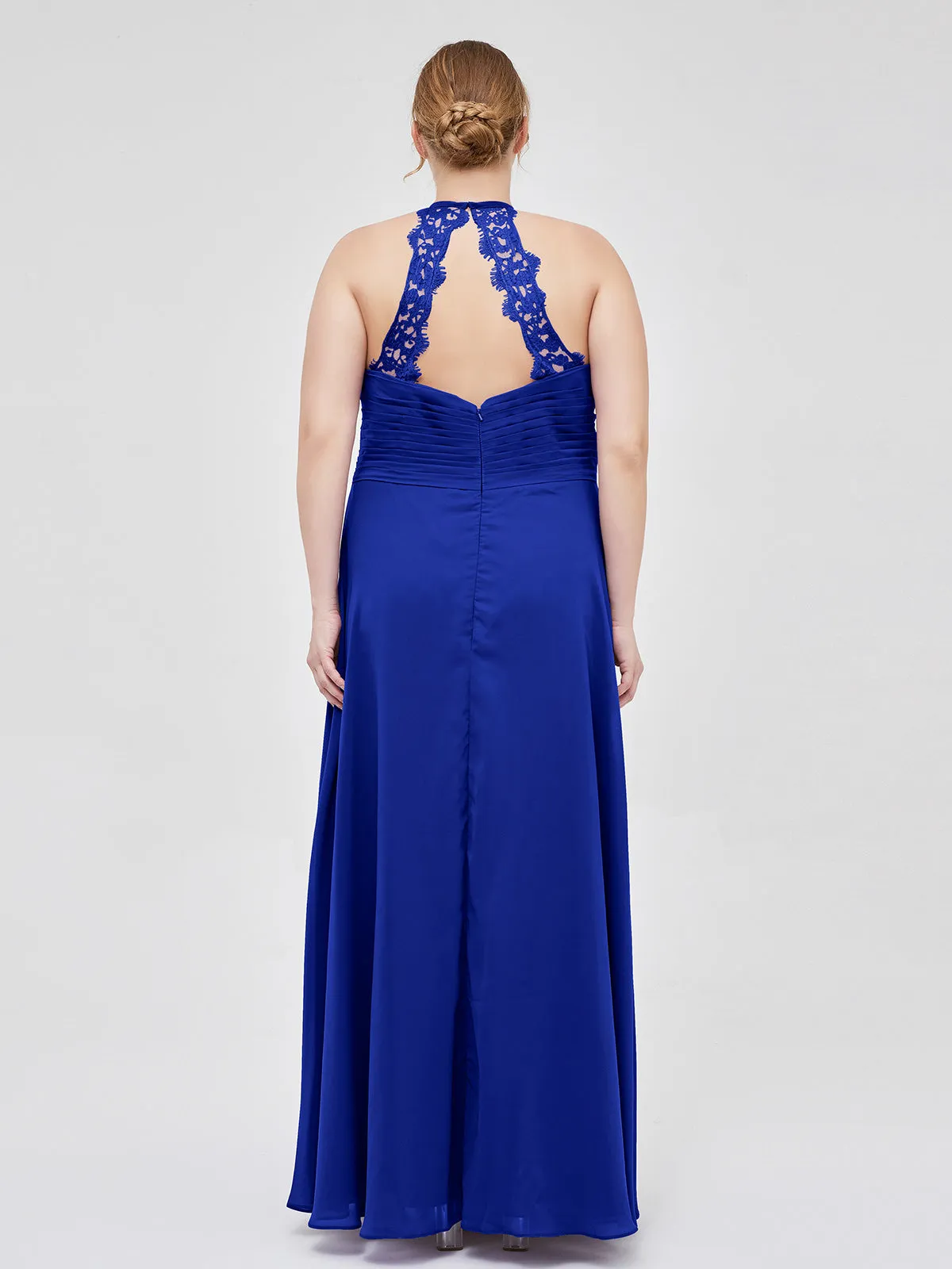 Halter Chiffon Long Gown With Lace Strap Royal Blue