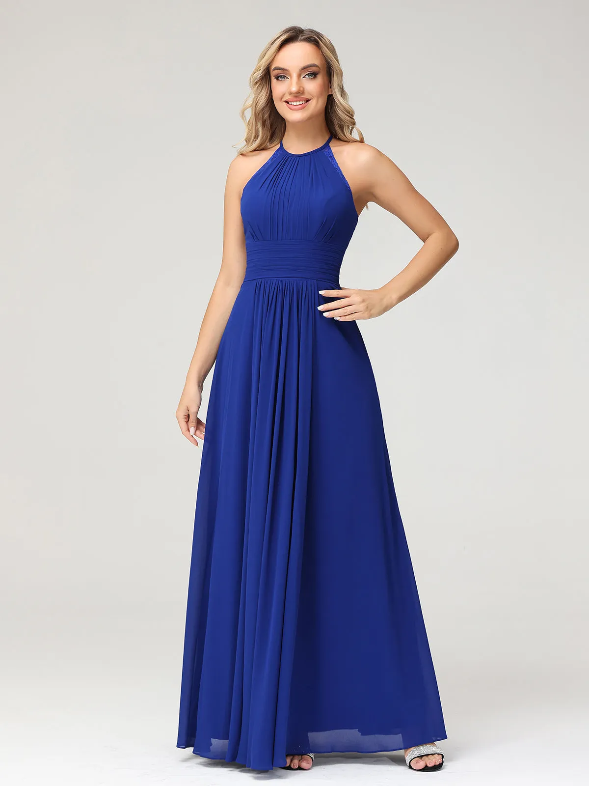 Halter Chiffon Long Gown With Lace Strap Royal Blue