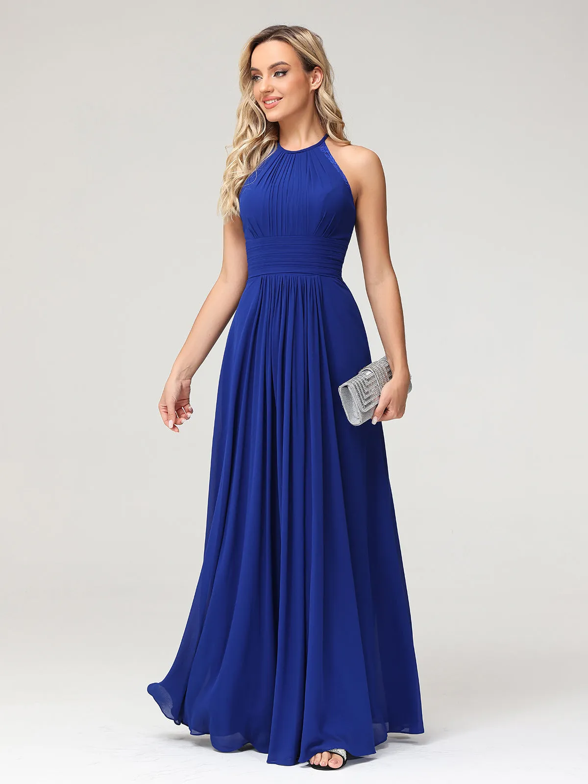 Halter Chiffon Long Gown With Lace Strap Royal Blue