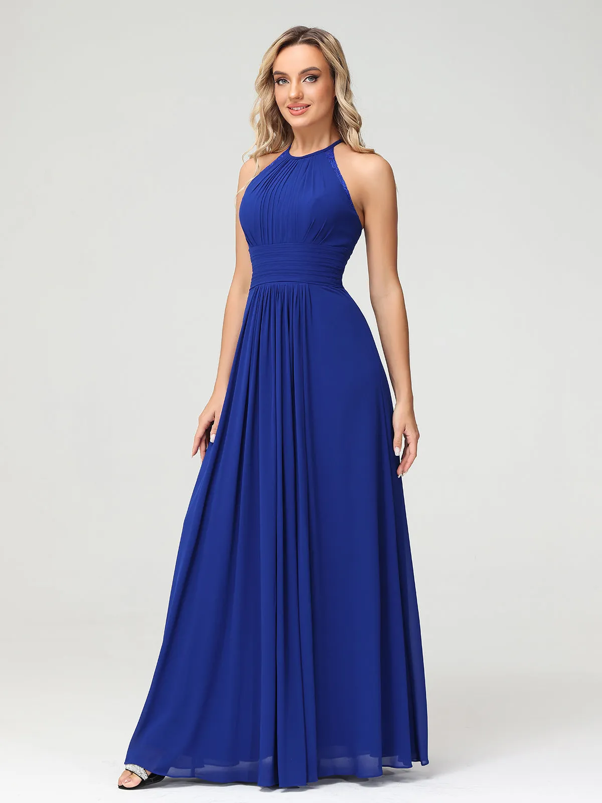 Halter Chiffon Long Gown With Lace Strap Royal Blue