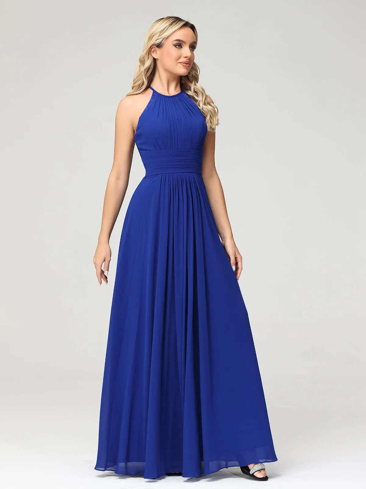 Halter Chiffon Long Gown With Lace Strap Royal Blue