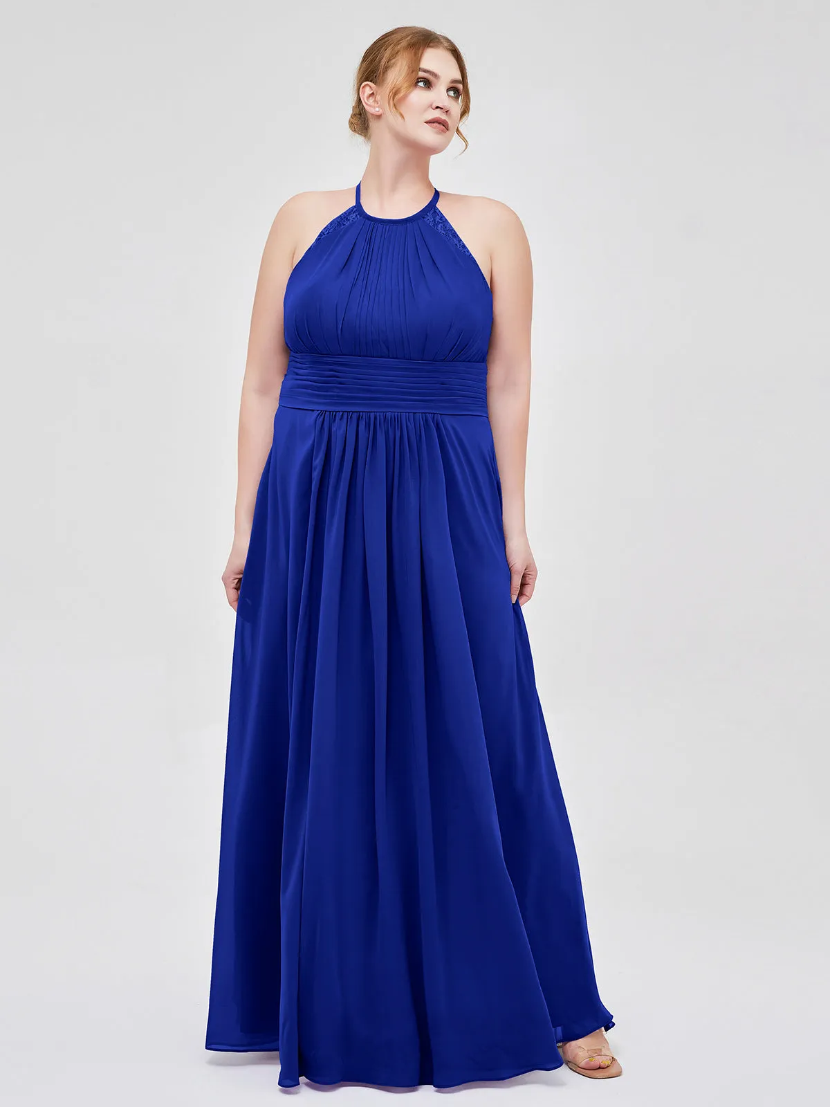Halter Chiffon Long Gown With Lace Strap Royal Blue