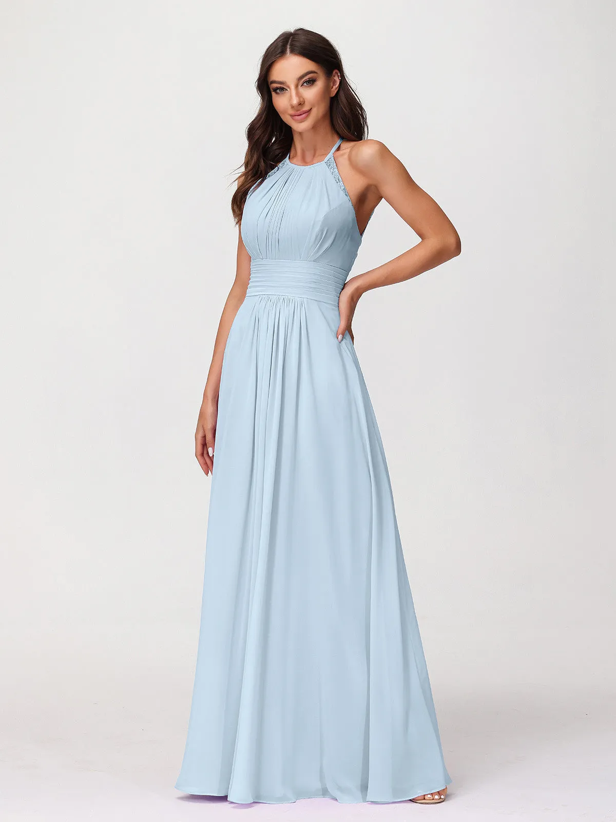 Halter Chiffon Long Gown With Lace Strap Sky Blue