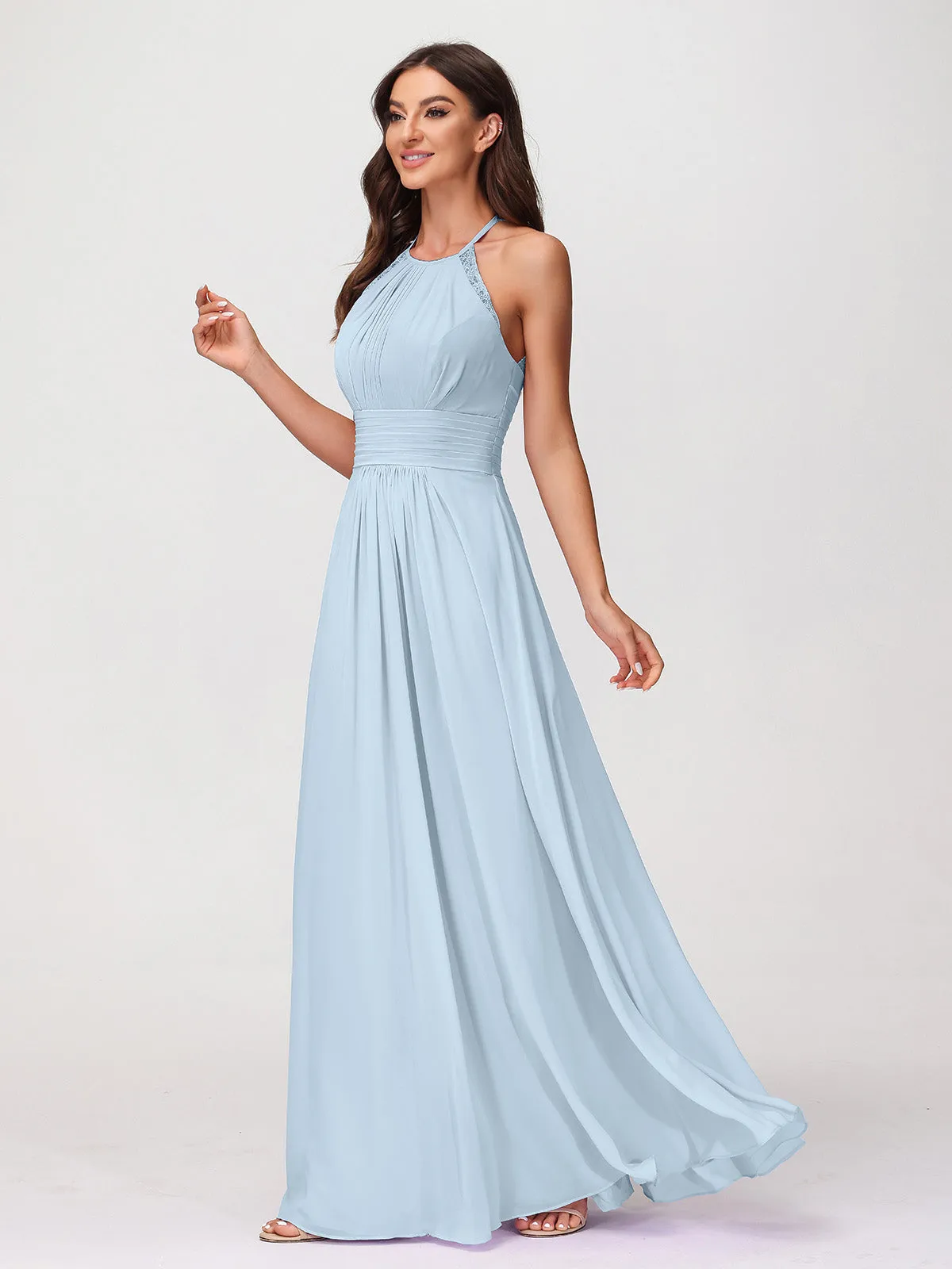Halter Chiffon Long Gown With Lace Strap Sky Blue
