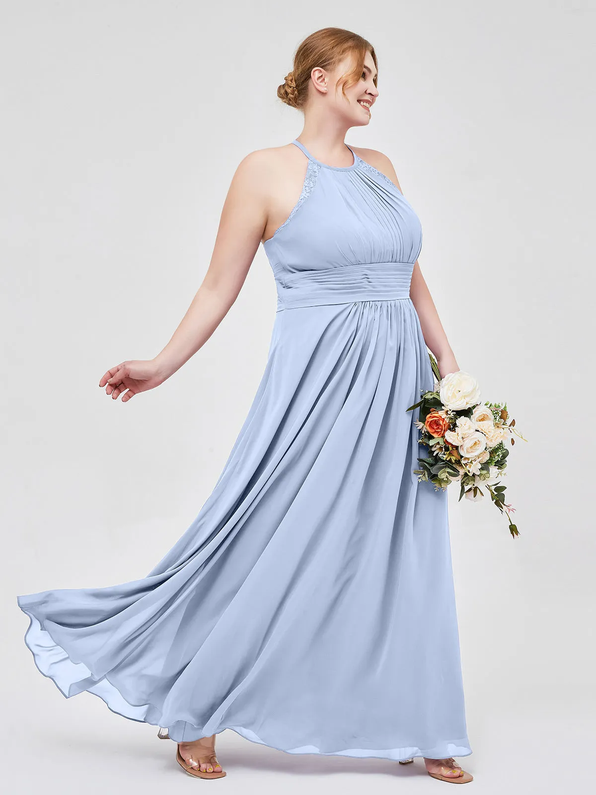 Halter Chiffon Long Gown With Lace Strap Sky Blue