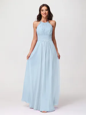 Halter Chiffon Long Gown With Lace Strap Sky Blue