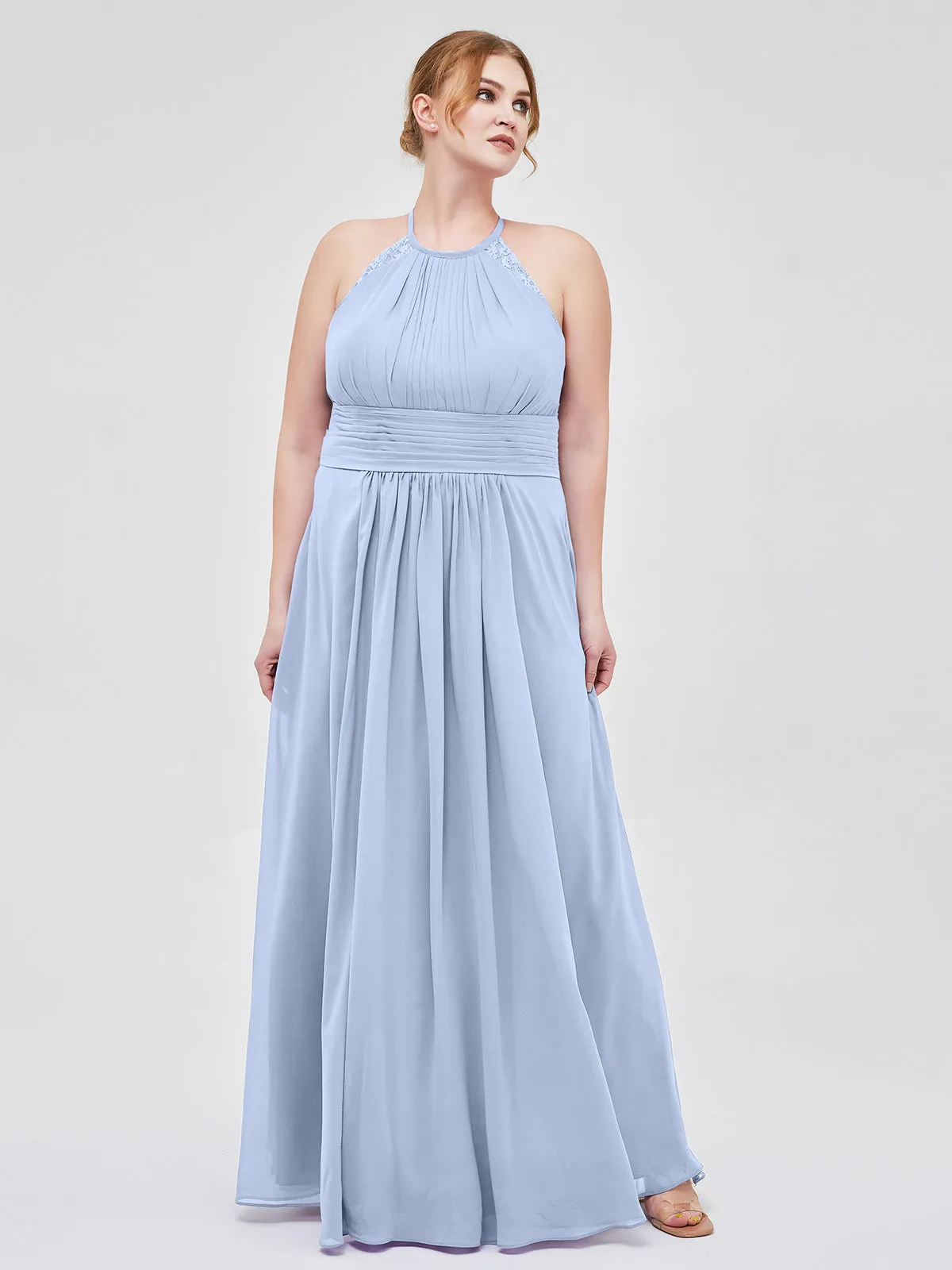 Halter Chiffon Long Gown With Lace Strap Sky Blue