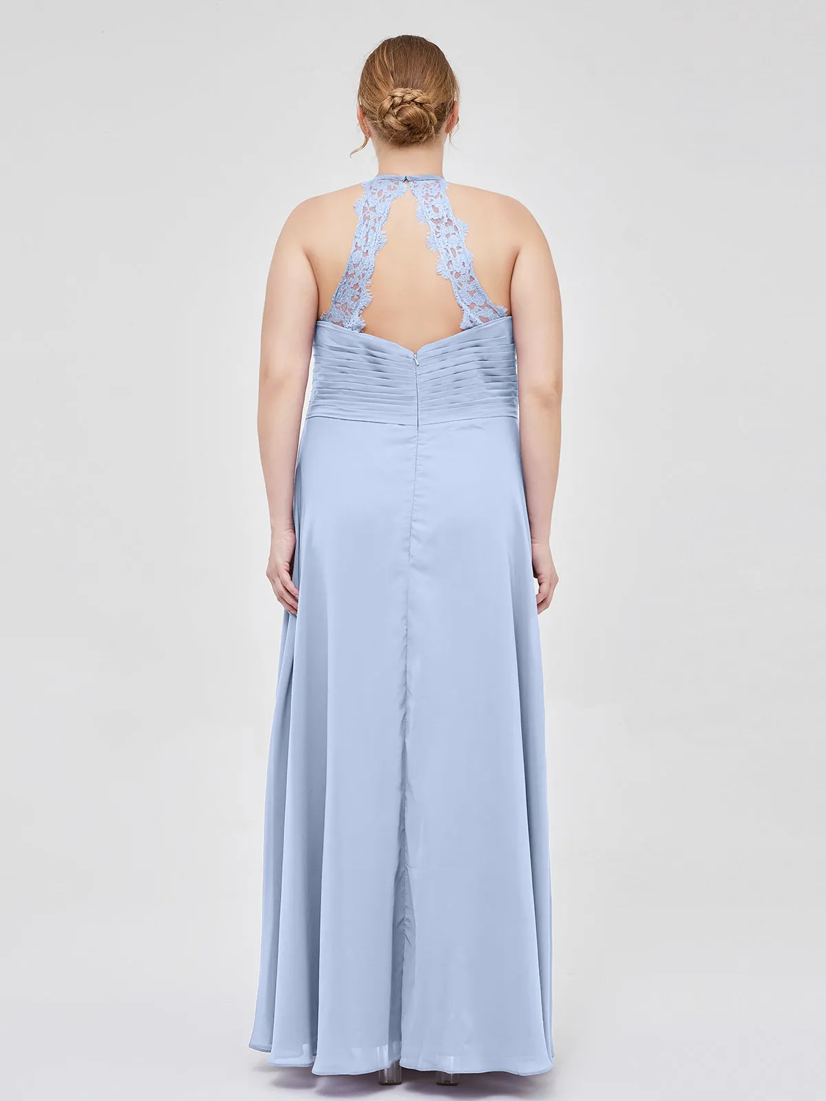 Halter Chiffon Long Gown With Lace Strap Sky Blue