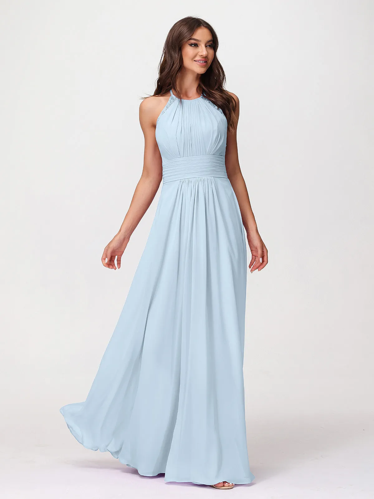 Halter Chiffon Long Gown With Lace Strap Sky Blue