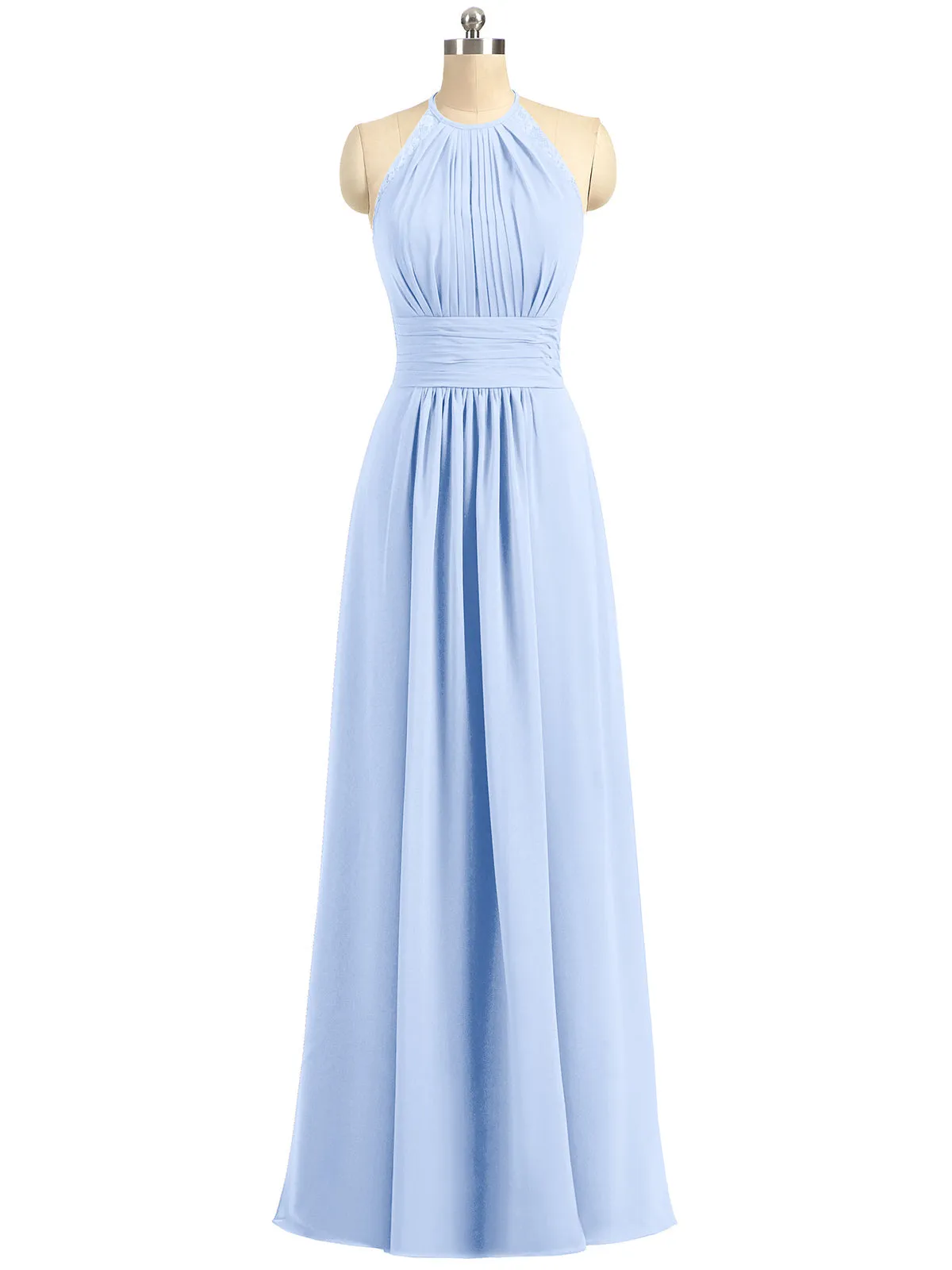 Halter Chiffon Long Gown With Lace Strap Sky Blue