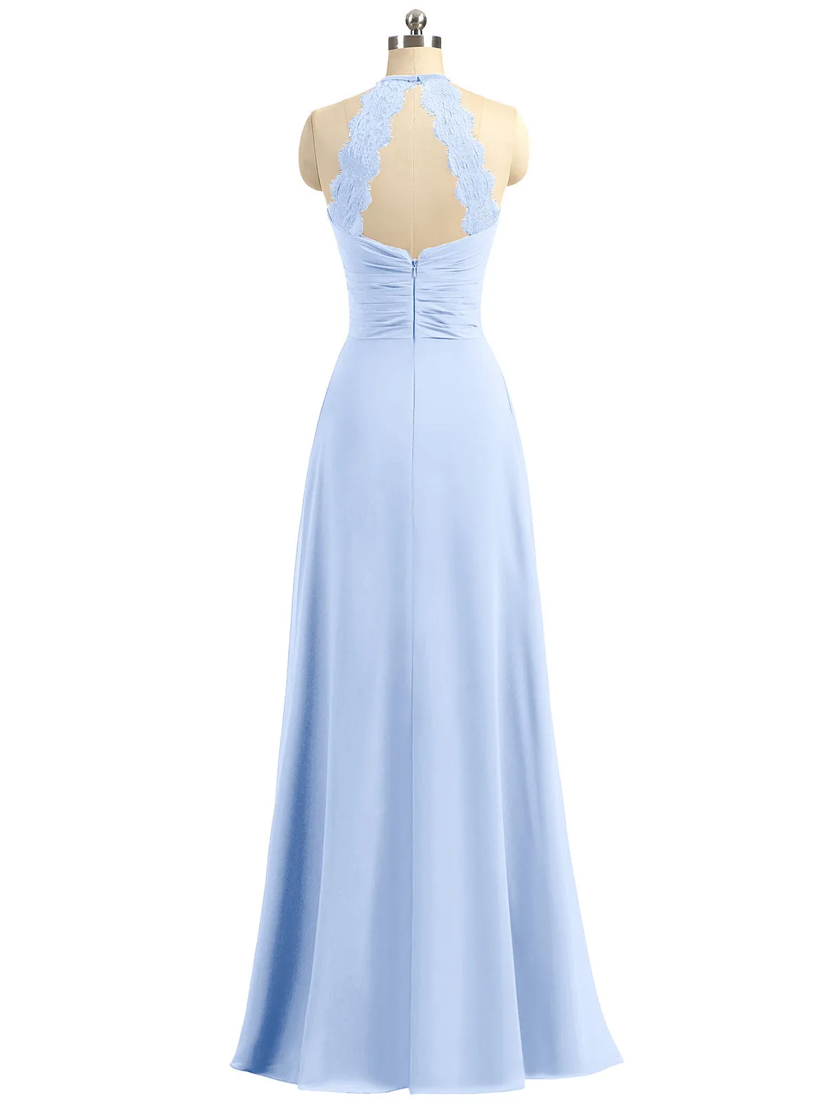 Halter Chiffon Long Gown With Lace Strap Sky Blue