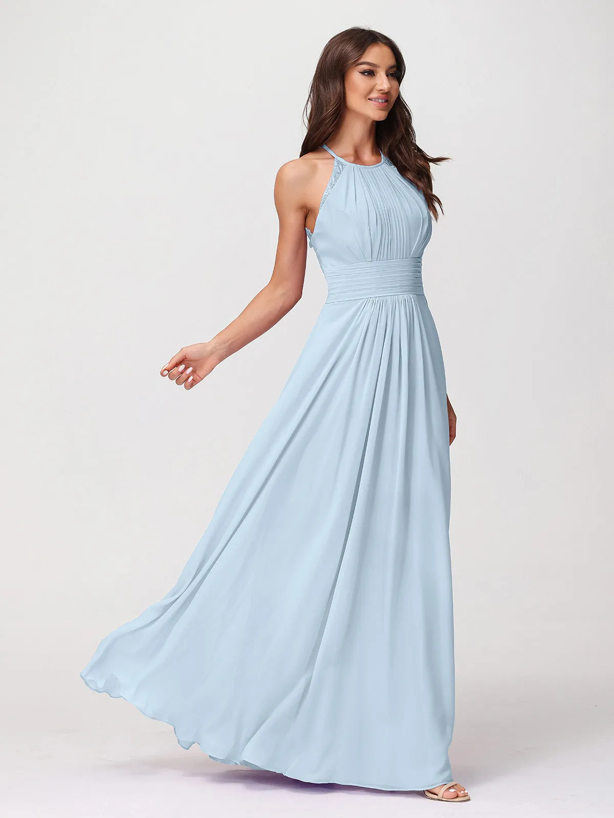 Halter Chiffon Long Gown With Lace Strap Sky Blue