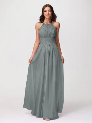 Halter Chiffon Long Gown With Lace Strap Steel Grey