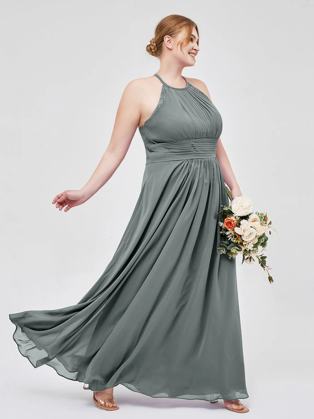 Halter Chiffon Long Gown With Lace Strap Steel Grey