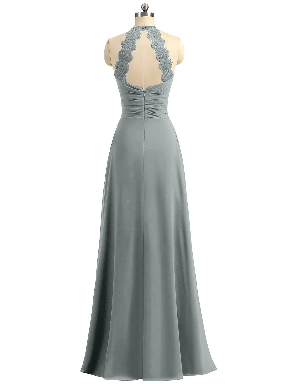Halter Chiffon Long Gown With Lace Strap Steel Grey