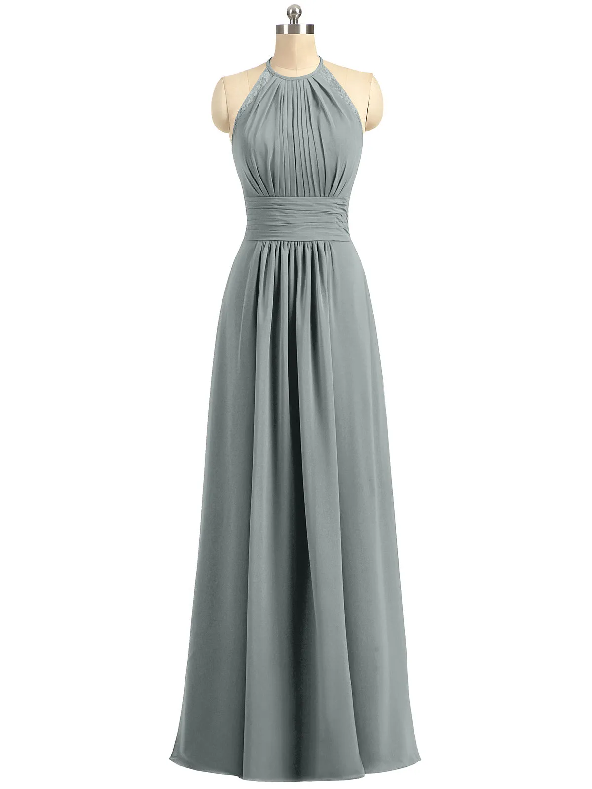 Halter Chiffon Long Gown With Lace Strap Steel Grey