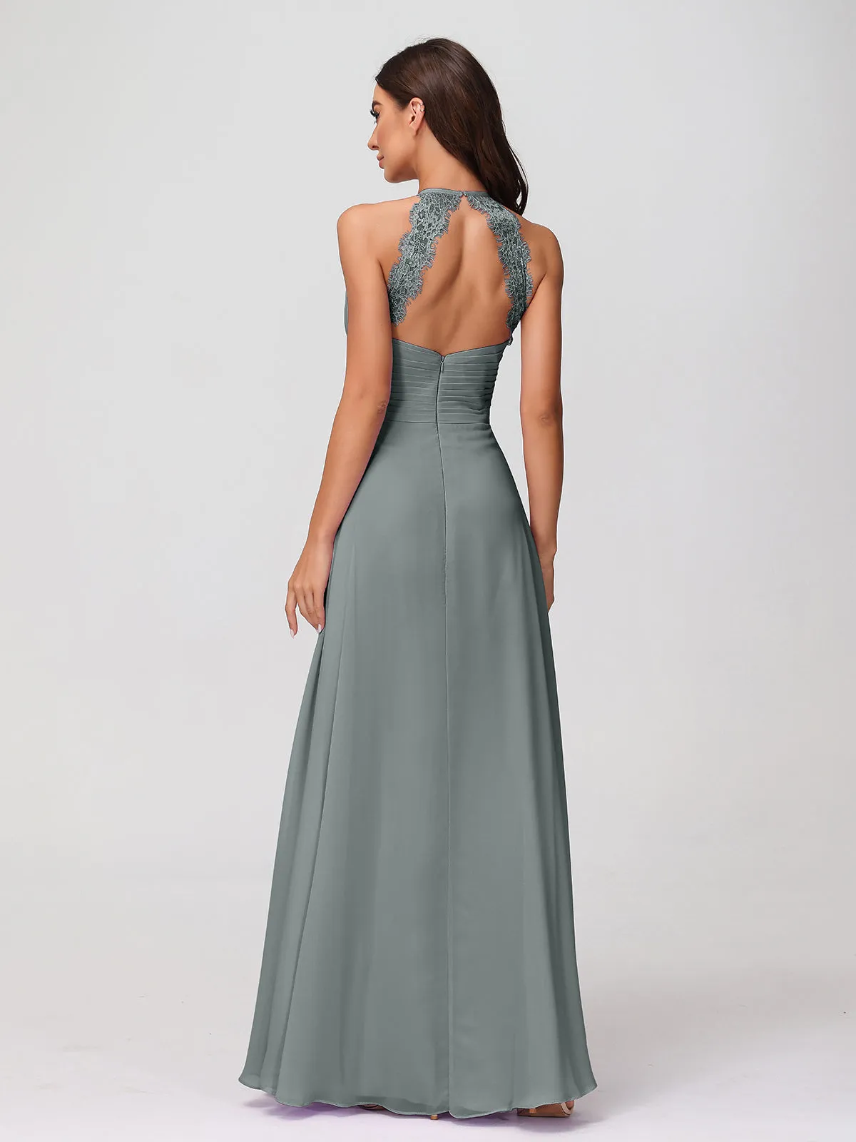 Halter Chiffon Long Gown With Lace Strap Steel Grey