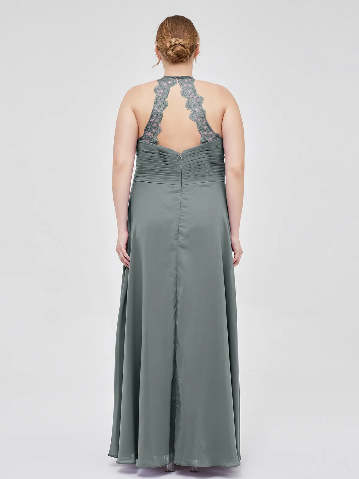 Halter Chiffon Long Gown With Lace Strap Steel Grey