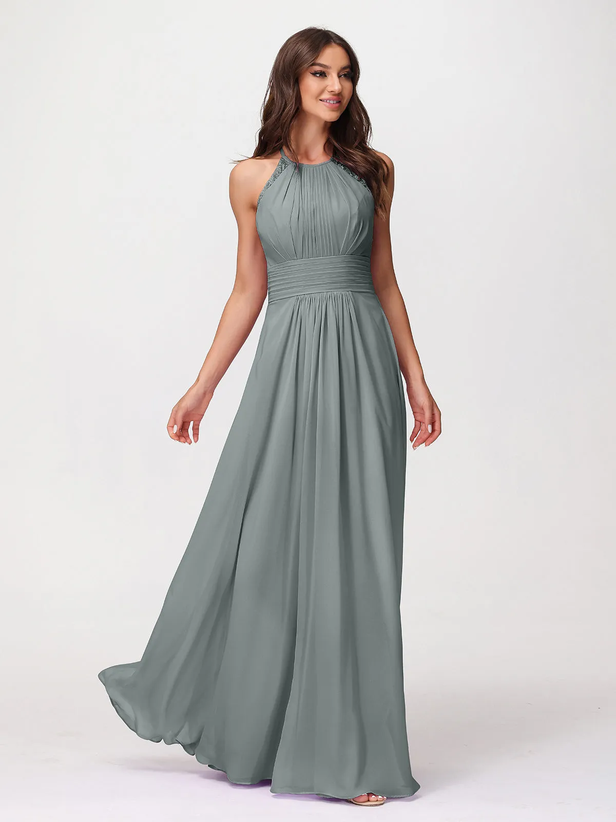 Halter Chiffon Long Gown With Lace Strap Steel Grey