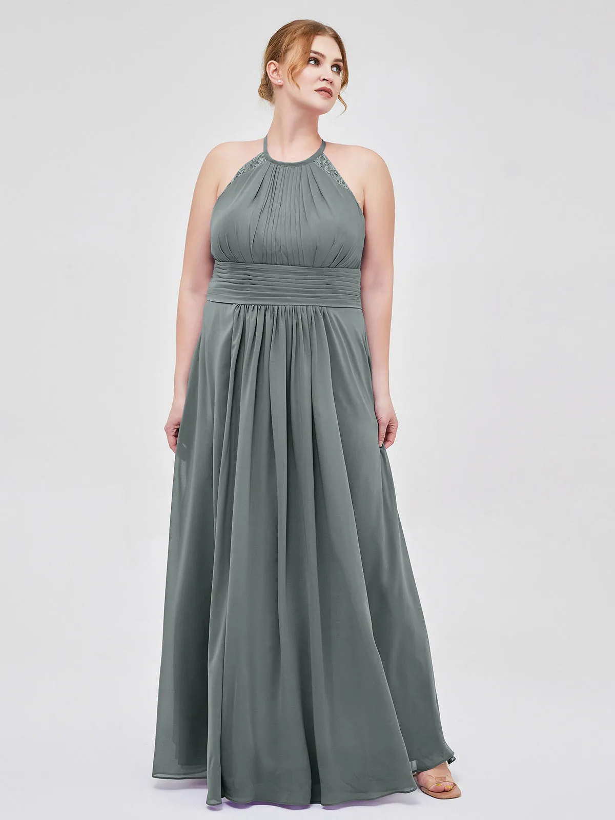 Halter Chiffon Long Gown With Lace Strap Steel Grey