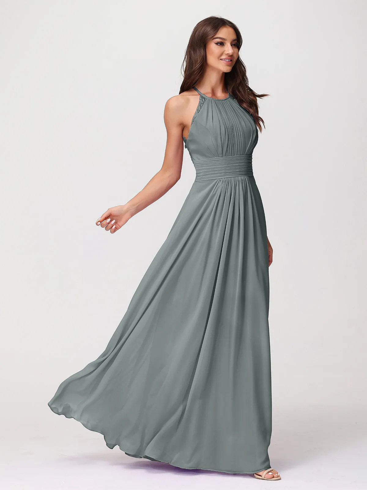 Halter Chiffon Long Gown With Lace Strap Steel Grey