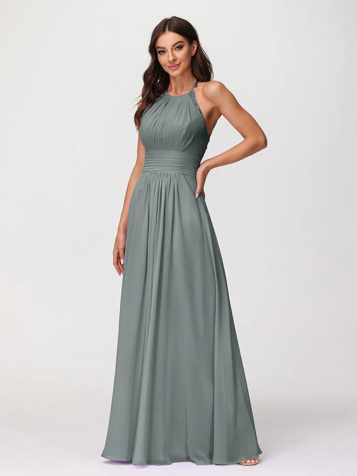 Halter Chiffon Long Gown With Lace Strap Steel Grey