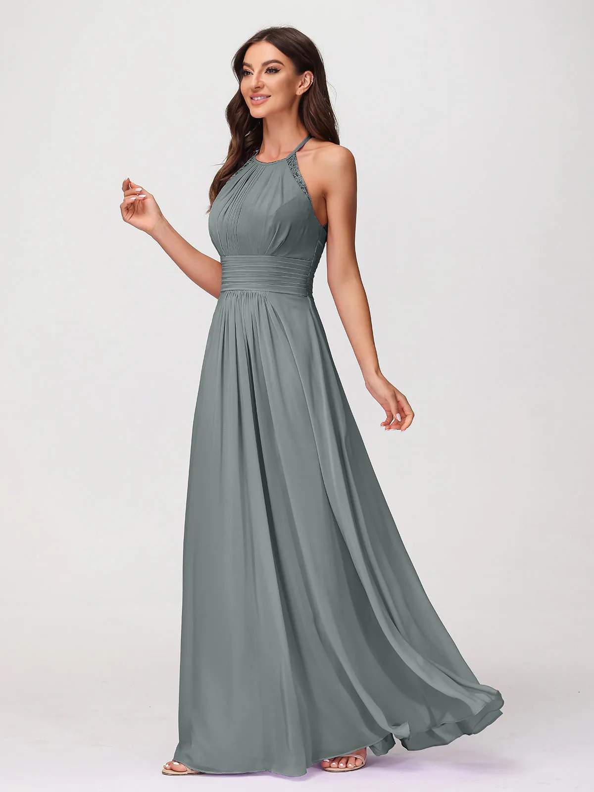 Halter Chiffon Long Gown With Lace Strap Steel Grey