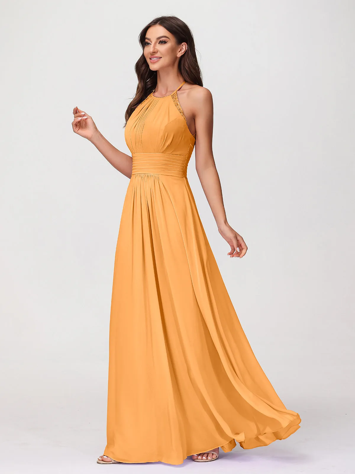 Halter Chiffon Long Gown With Lace Strap Tangerine
