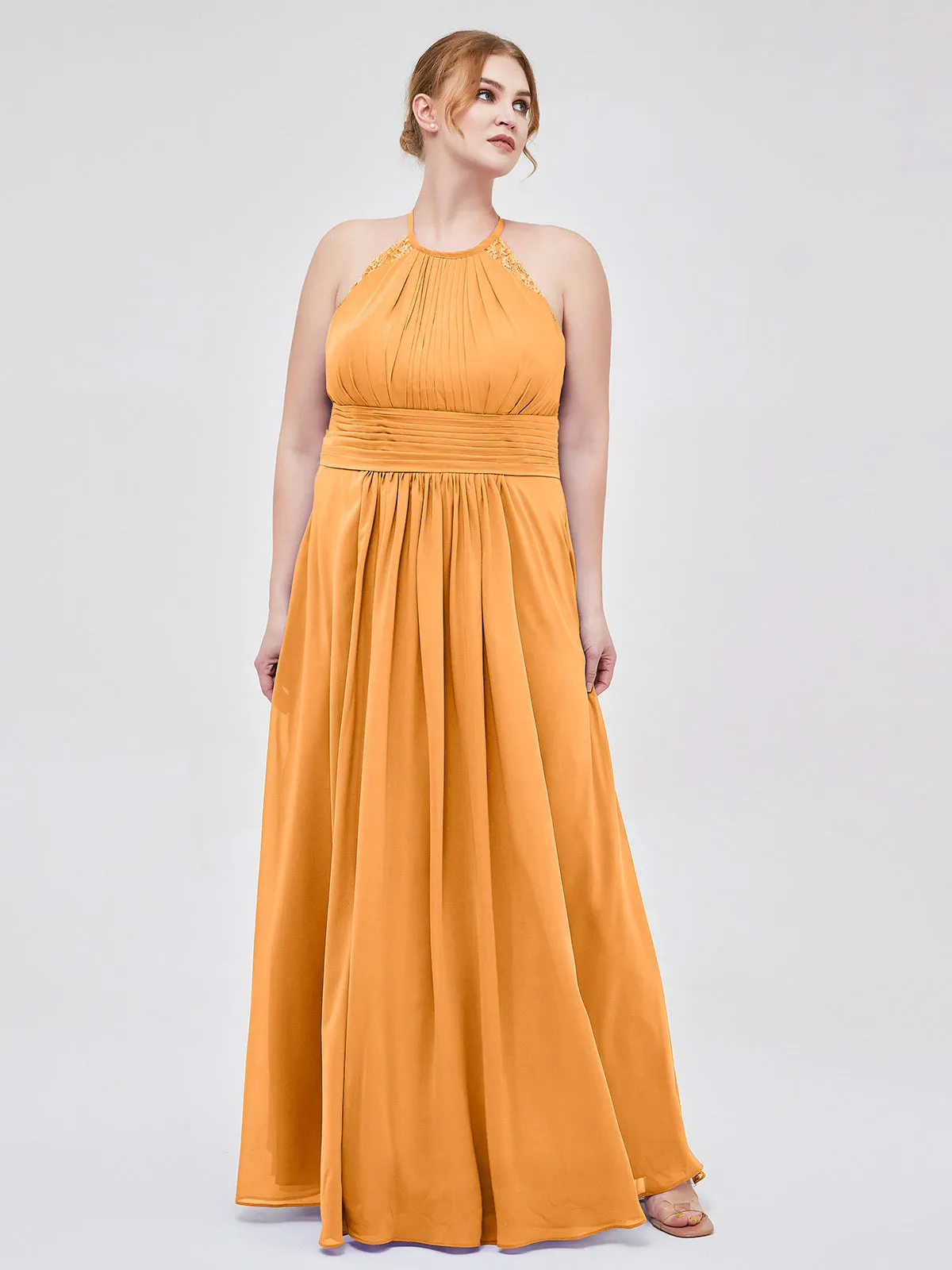Halter Chiffon Long Gown With Lace Strap Tangerine