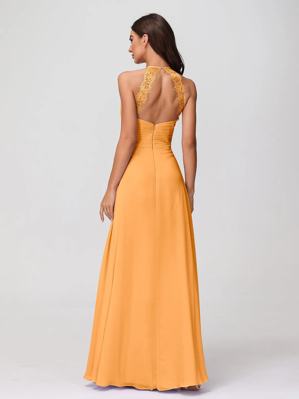 Halter Chiffon Long Gown With Lace Strap Tangerine
