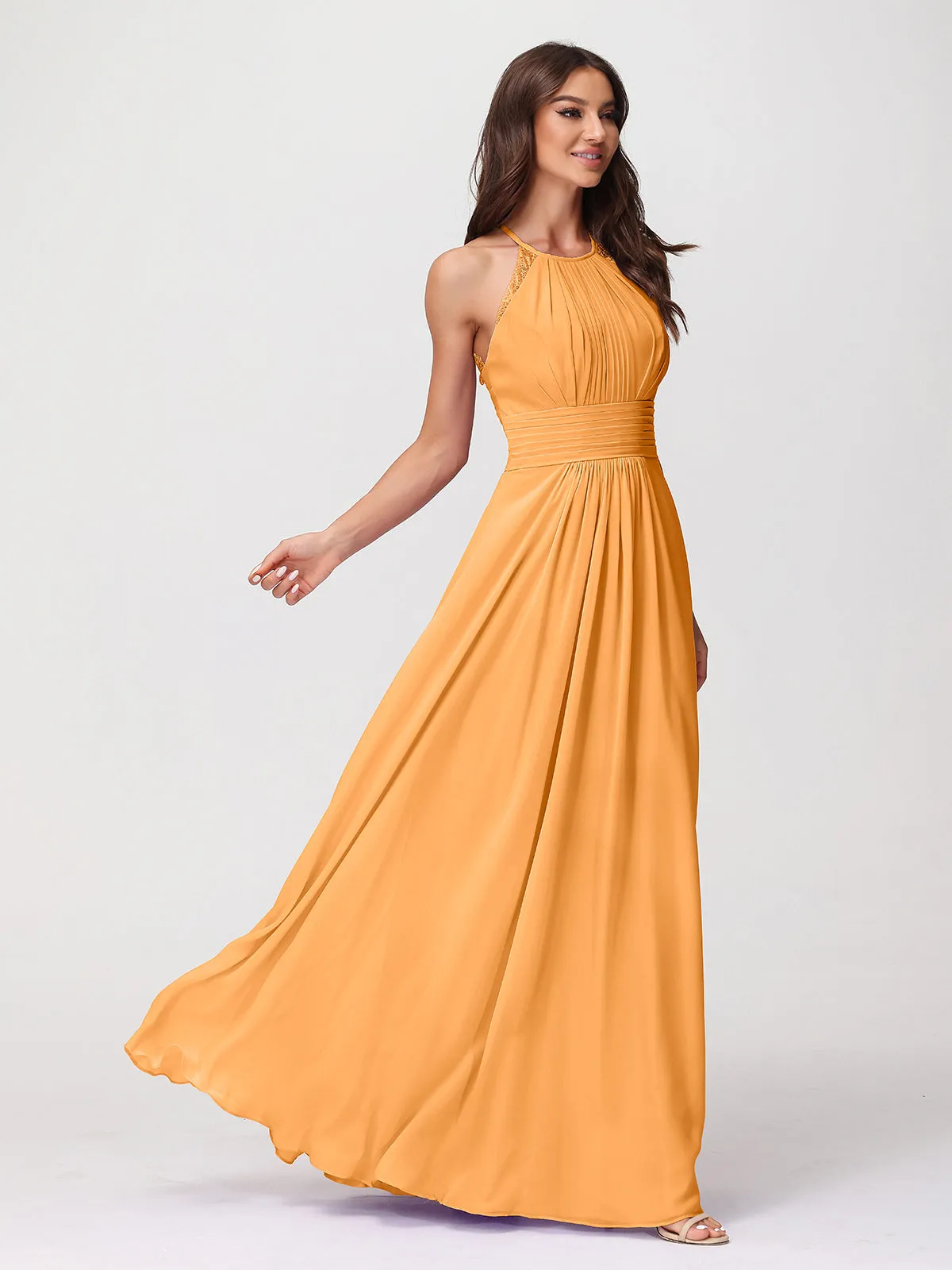 Halter Chiffon Long Gown With Lace Strap Tangerine
