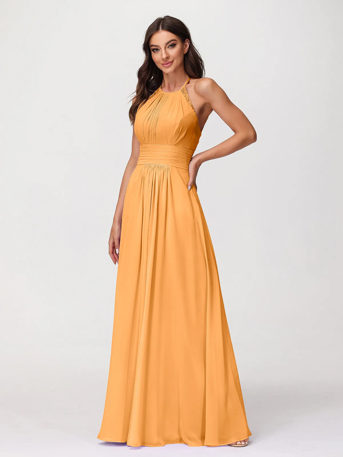 Halter Chiffon Long Gown With Lace Strap Tangerine