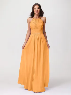 Halter Chiffon Long Gown With Lace Strap Tangerine