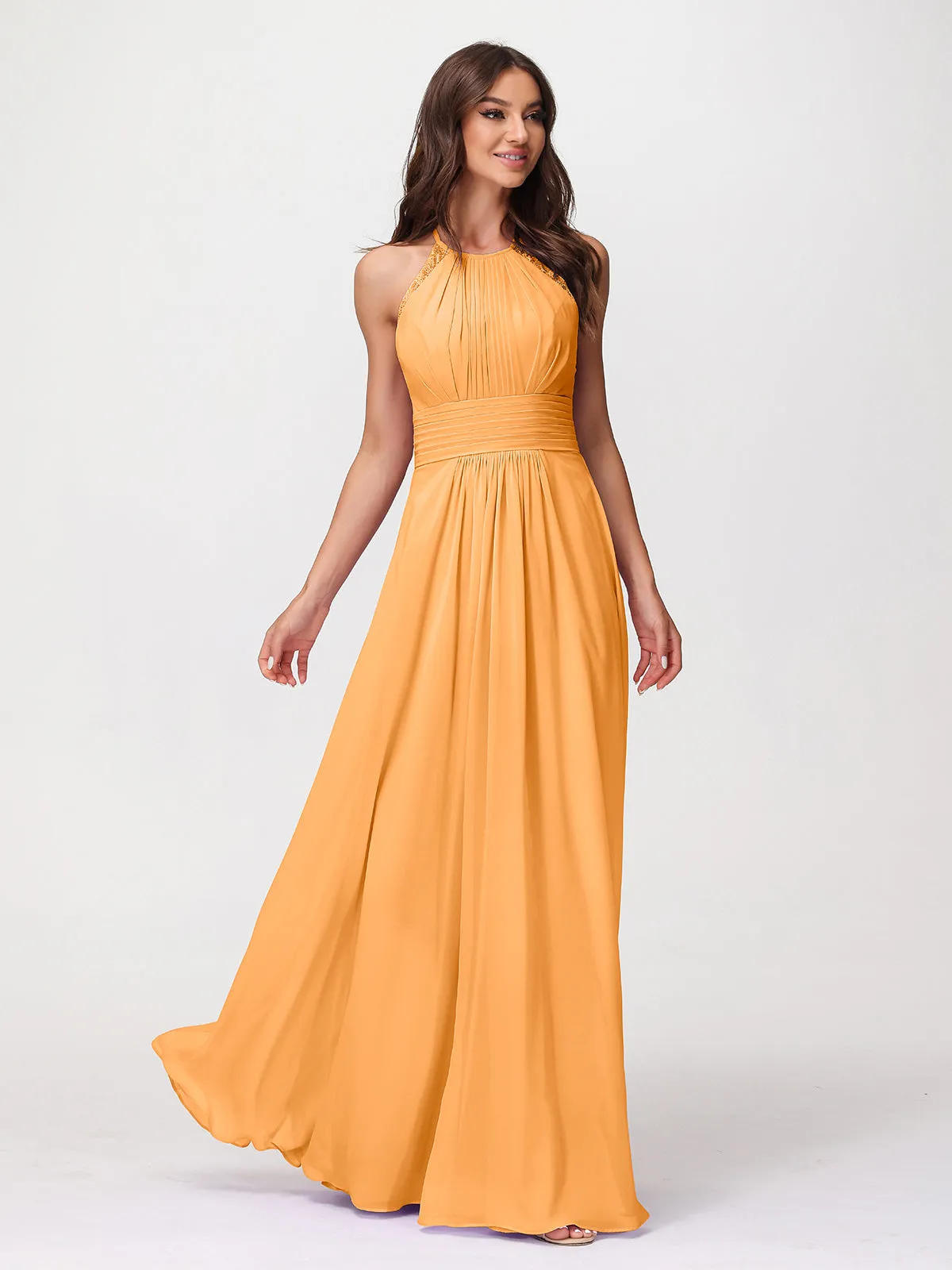 Halter Chiffon Long Gown With Lace Strap Tangerine