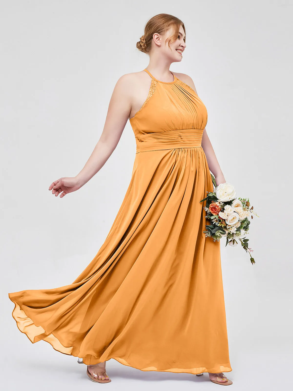 Halter Chiffon Long Gown With Lace Strap Tangerine