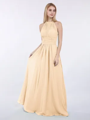 Halter Chiffon Maxi Dress of Bridesmaid Peach