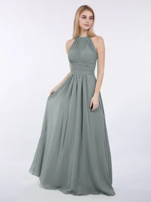 Halter Chiffon Maxi Dress of Bridesmaid Steel Grey
