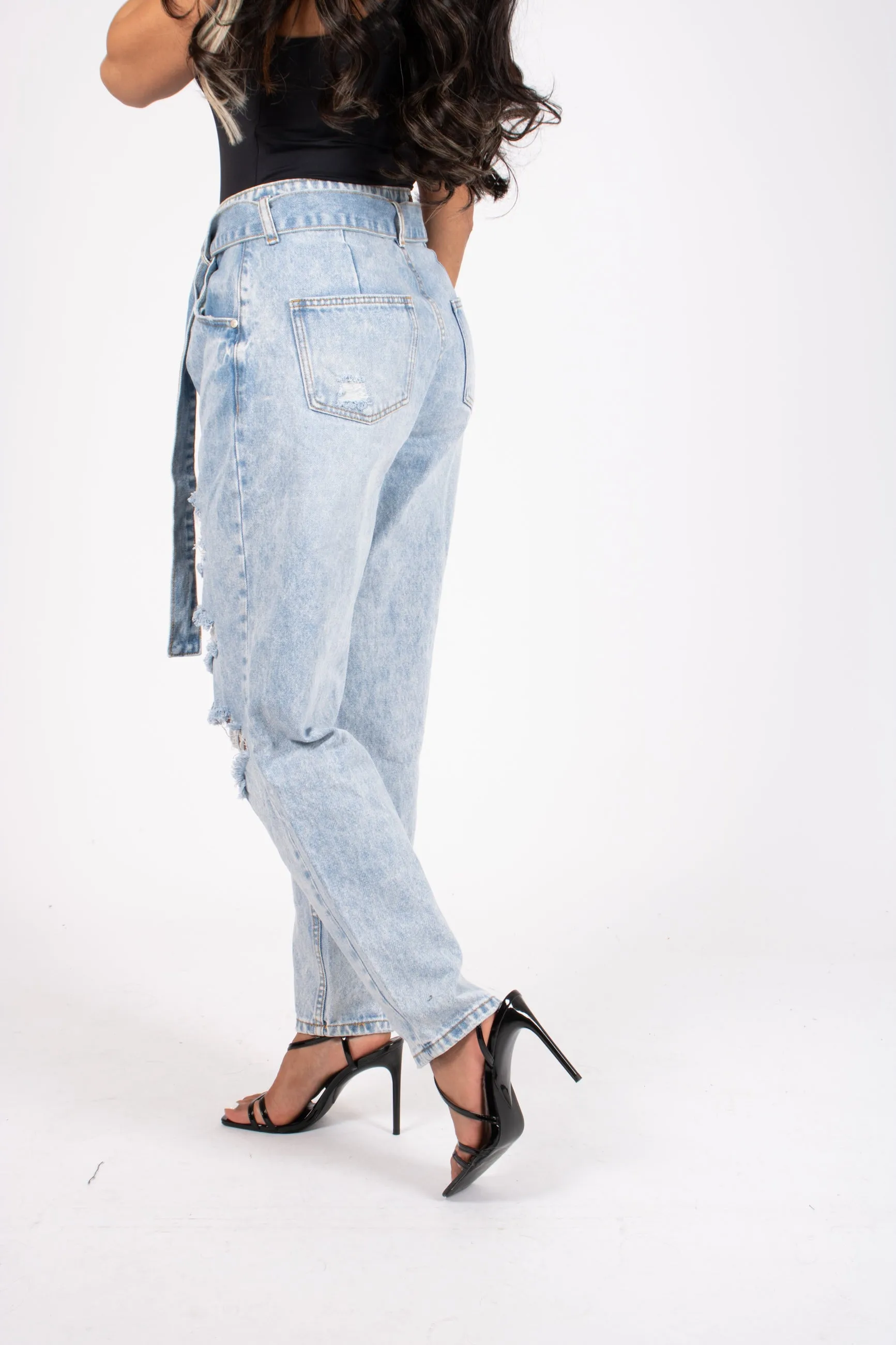High-Rise Distressed Stonewash Belted Mom Jeans