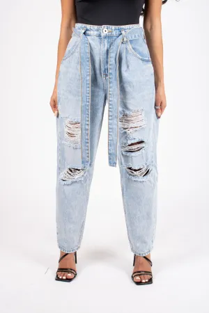 High-Rise Distressed Stonewash Belted Mom Jeans