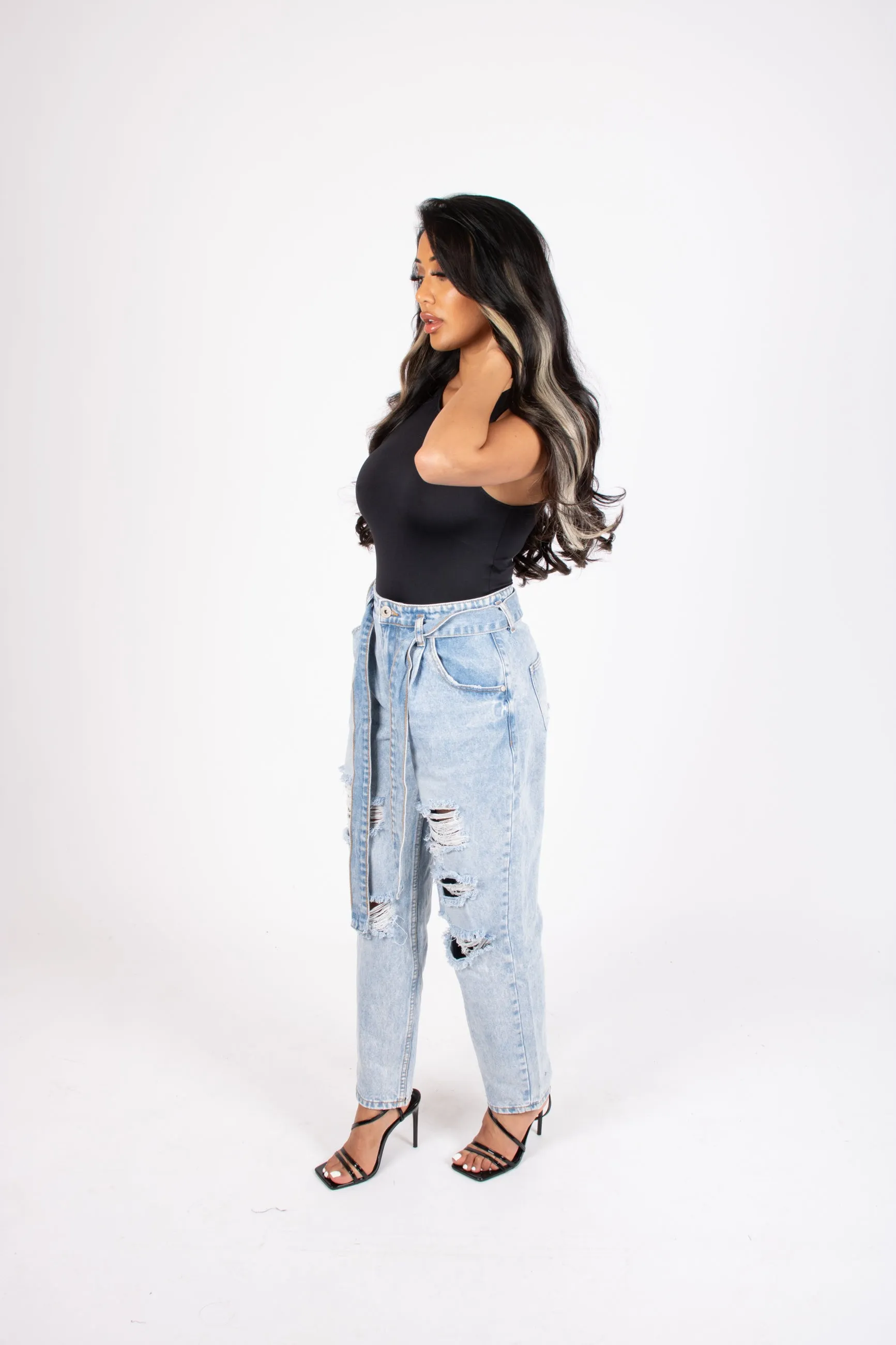 High-Rise Distressed Stonewash Belted Mom Jeans