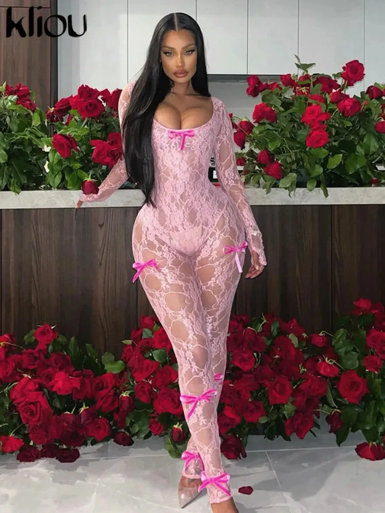 Kliou Lace Bow Jumpsuit – Sexy & Elegant Full Sleeve Slim Fit