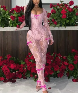 Kliou Lace Bow Jumpsuit – Sexy & Elegant Full Sleeve Slim Fit